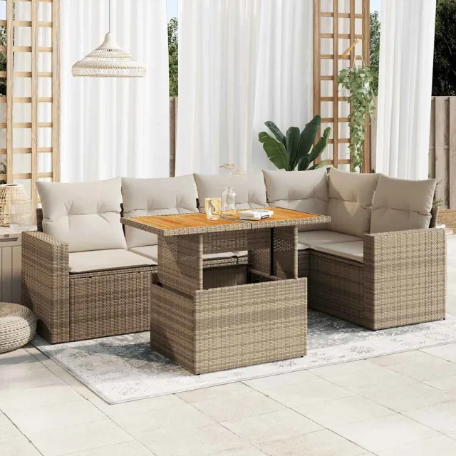 vidaXL 6-delige Loungeset met kussens poly rattan beige, foto 2