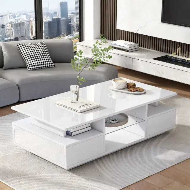 STILVORA Salontafel - Hoogglans Met Ledverlichting En 2 Lades - Met Glazen Legplanken Voor Woonkamer - Spaanplaat - Wit - 100x50x36 Cm