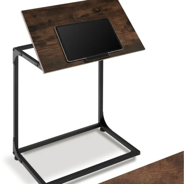 Tectake C-vormige Bijzettafel - Laptoptafel met Kantelbaar Houten Tafelblad - Bedtafel met Stopper - Industrieel Design - Tafel voor Laptop en Tablet - Verstelbaar - Afmeting (LxBxH) 55 x 35 x 66,5 cm - Donkerbruin
