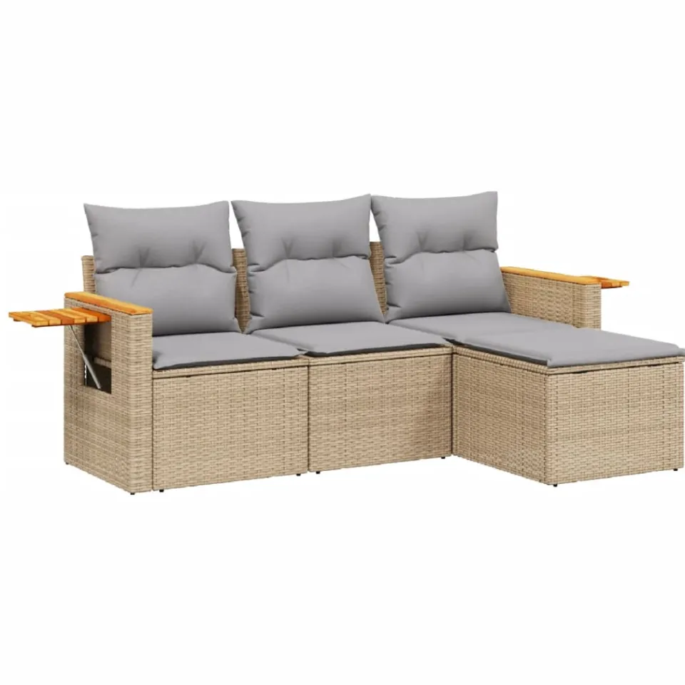 vidaXL 4-delige Loungeset met kussens poly rattan beige, foto 3