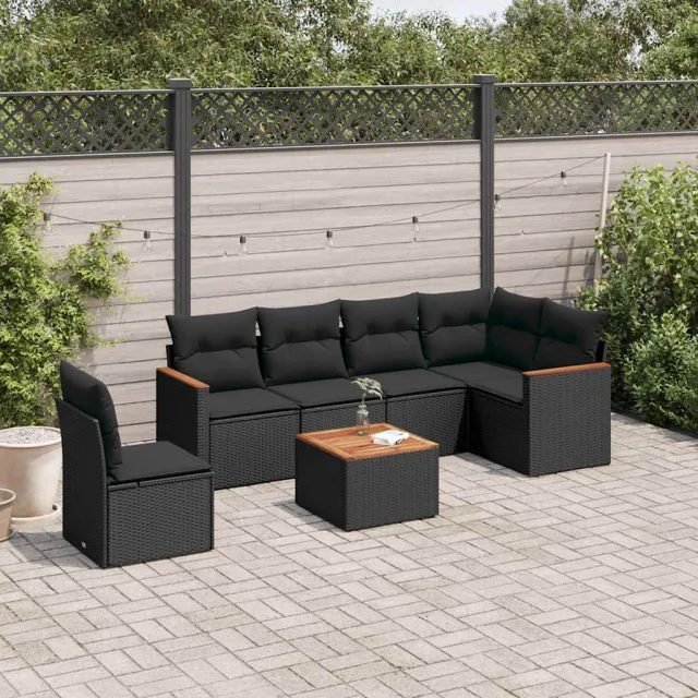 vidaXL 7-delige Loungeset met kussens poly rattan zwart, foto 2