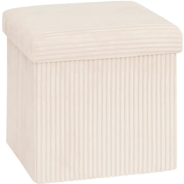 Atmosphera Hocker / Poef Essestial Ribcord - opvouwbaar - wit - MDF/polyester - 38 x 38 cm - met opbergruimte - extra zitplaatsen