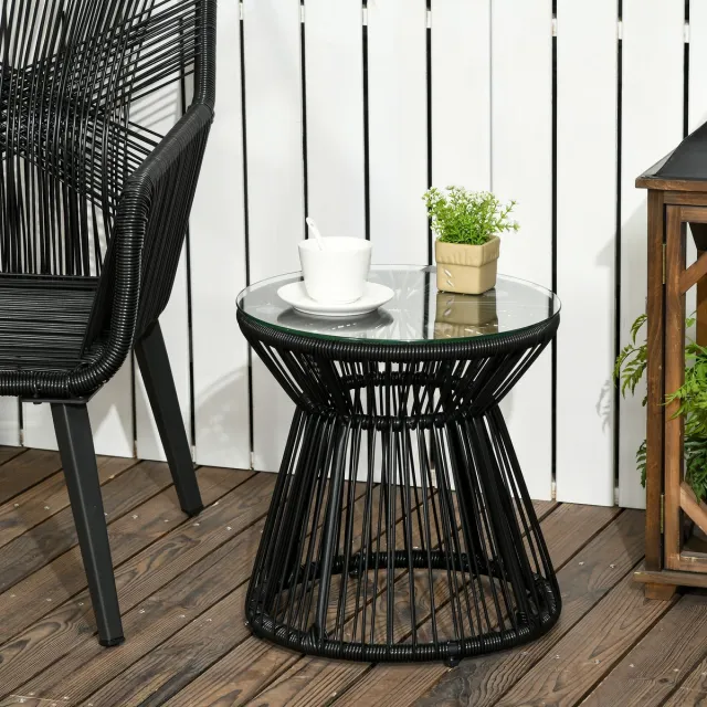 REDOM Bijzettafel – 40x40x42 cm – Boho stijl met gehard glas – Zwart metalen frame & rotan rand – voor woonkamer of overdekt terras – Moderne salontafel