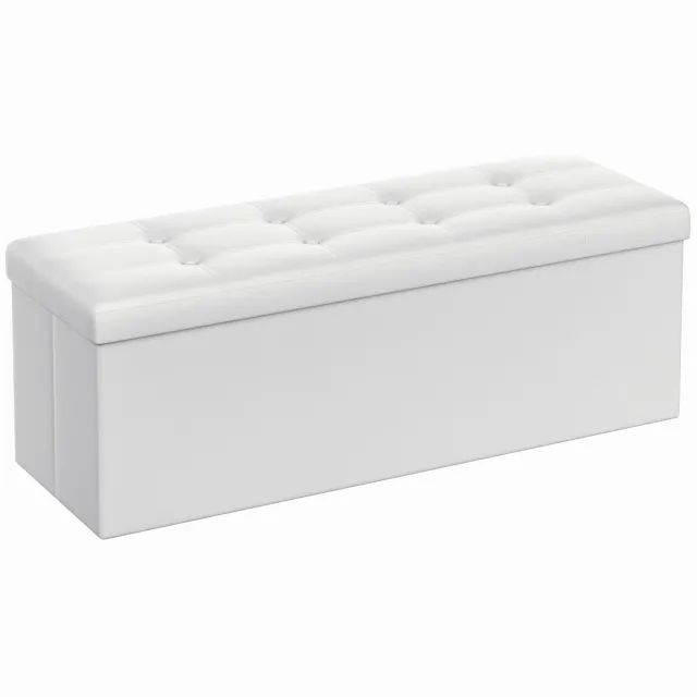 LEOBERT Opbergbank met Opbergruimte – 110x38x38 cm – Wit Kunstleer – Opvouwbare Zitbank met Deksel – Gestoffeerde Hocker en Schoenenbank voor Hal, Slaapkamer en Woonkamer – 120 Liter – Belastbaar tot 300 kg