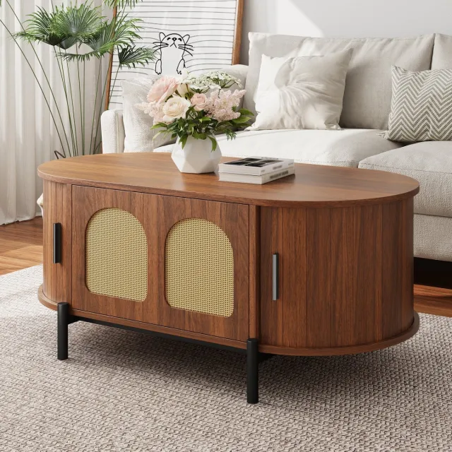 Clruro Salontafel - Ovaal met Rotan Schuifdeuren - Opbergruimte en Metalen Poten - Hout Metaal - Houtkleur Walnoot