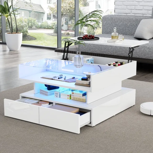 HAUSS SPOLE Salontafels Koffietafel - Hoogteverstelbare Salontafel met 2 Laden en LED-Verlichting - 80x80x45 cm - Spaanplaat - Wit