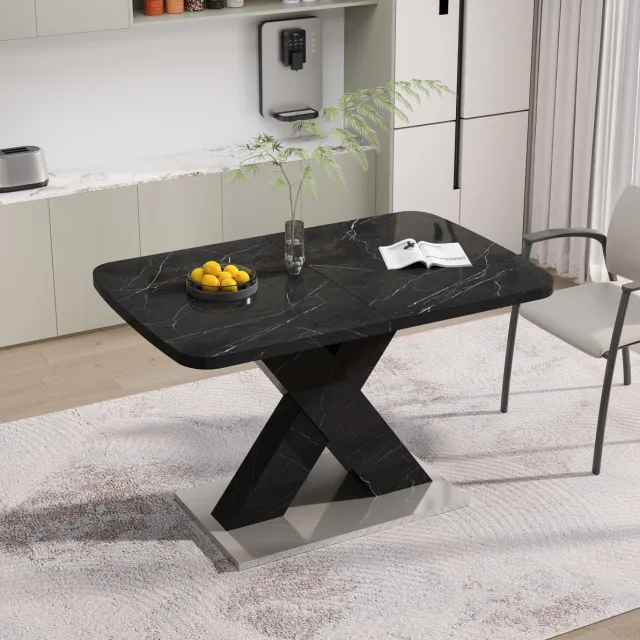 MEUNIQ Uitschuifbare rechthoekige eettafel 120-160 x 80 cm met zwart marmerlook MDF-blad, X-poot en metalen basis voor eetkamer