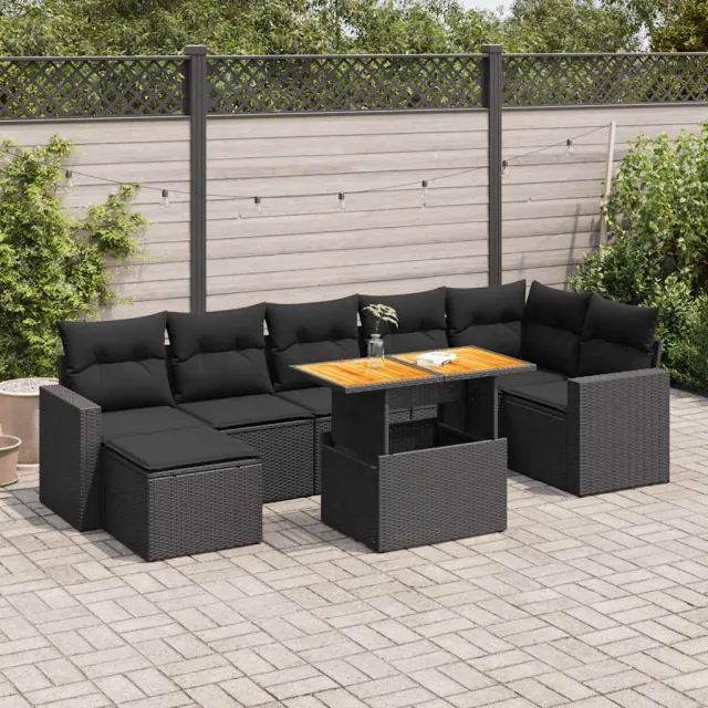 vidaXL 8-delige Loungeset met kussens poly rattan zwart, foto 2
