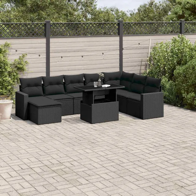 vidaXL 9-delige Loungeset met kussens poly rattan zwart, foto 2
