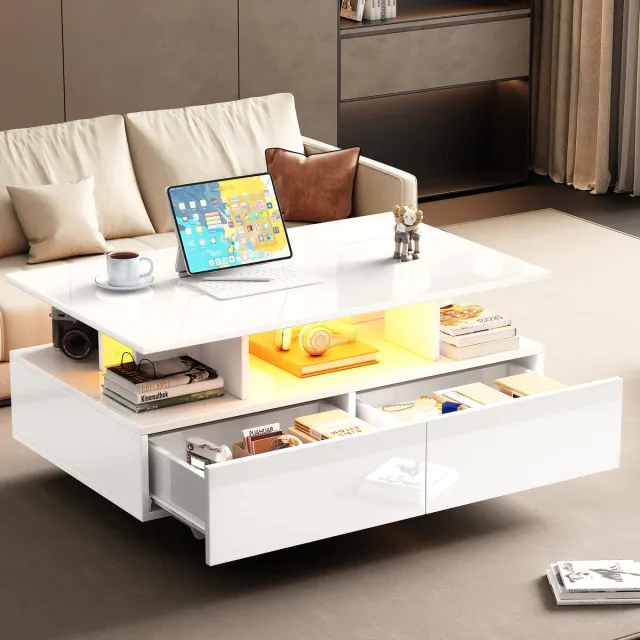 MIVRAY Salontafel - Hoogglans Met Led En 2 Laden - Voor Woonkamer En Leeshoek - Spaanplaat Wit - 90x55x41 Cm