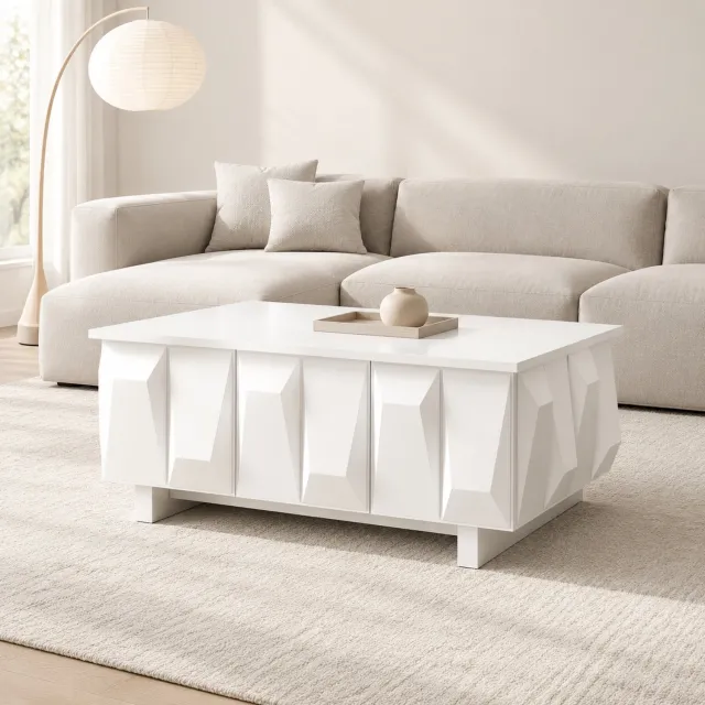 Wishdor Salontafel met opbergruimte - Drie deuren met 3D-structuurfronten - Ruim tafelblad en opbergvakken - Modern rechthoekig ontwerp - Woonkamer - Bewerkt hout - Wit - 95 x 67 x 39,5 cm