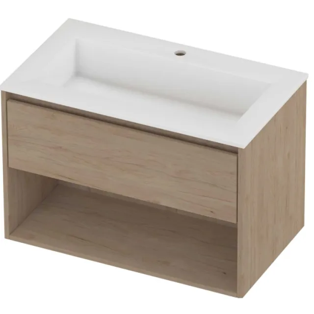 Proline Aristo Badmeubelset Polystone Elegant 1 Kraangat Met Schap 80x46x54 cm Glans Wit Ideal Oak Eiken