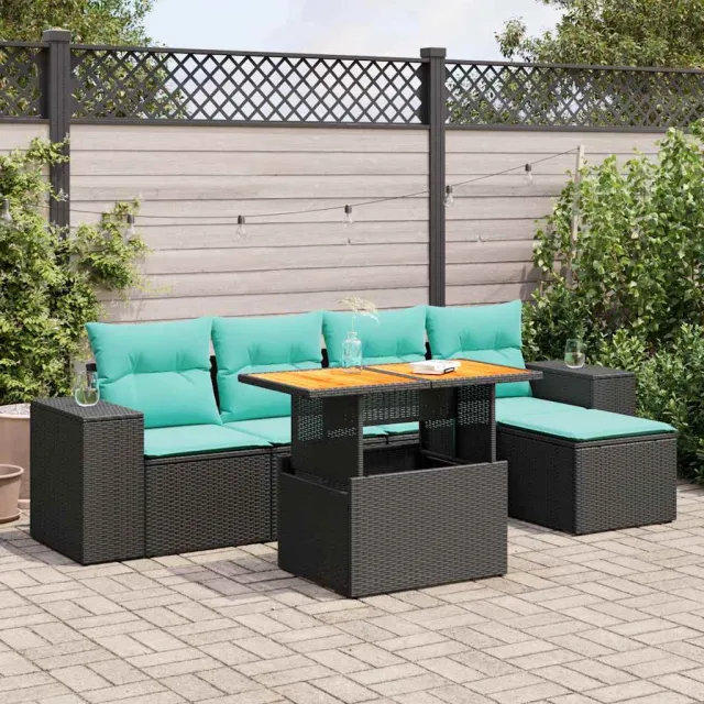 vidaXL 6-delige Loungeset met kussens poly rattan zwart, foto 2