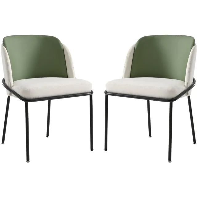 Merax Eetkamerstoelen Set Van 2 - Kunstleer Bekleding - Ergonomische Rugleuning - Metalen Poten Met Verstelbare Antislip Voetjes - Beige / Groen