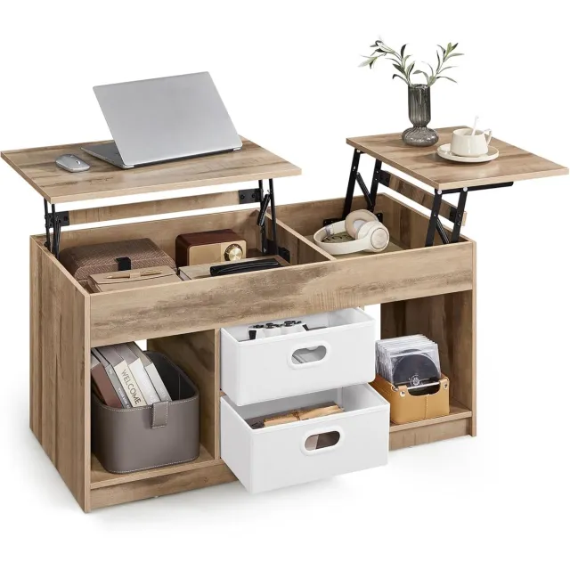FurnStar Salontafel – In Hoogte Verstelbaar – 2 laden & verborgen vakken – Moderne koffietafel – 50 x 100 x 48/62,3 cm – Camelbruin-Wolkenwit