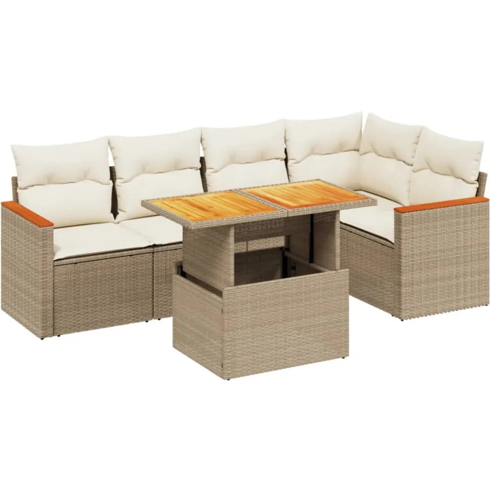 vidaXL 6-delige Loungeset met kussens poly rattan beige, foto 3