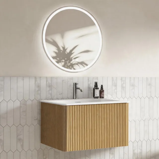 REDOM Badkamerkast Set met Spiegel - 60 cm Wandhangen Waschtisch met Onderschrank, Vormontage, Gestreepte Kast met Lade, Eichenfarbe, 60 cm Ronde LED Spiegel Eiken