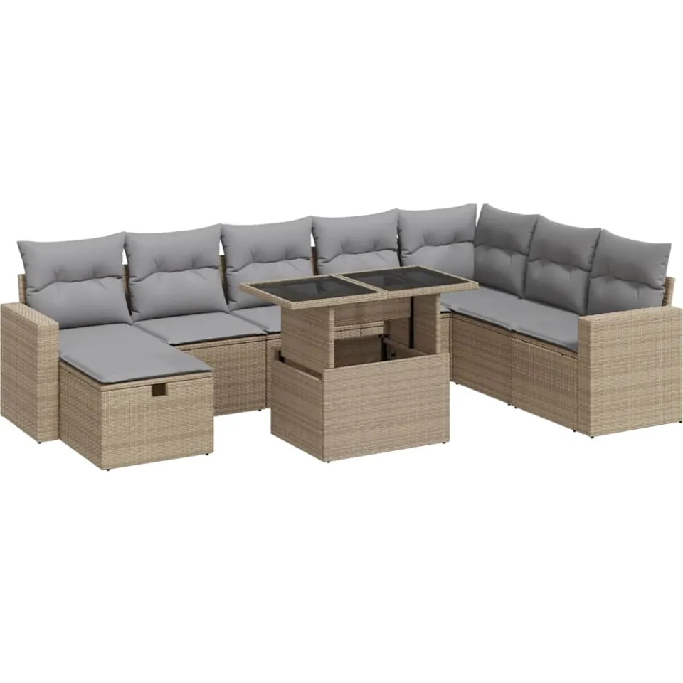 vidaXL 9-delige Loungeset met kussens poly rattan beige, foto 3