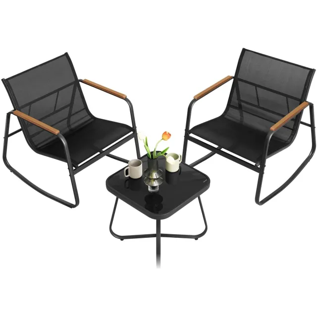 Questyr Tuinmeubelset - Balkonmeubilair - 2 Schommelstoelen met tafel - Terrasmeubilair - ademende stof van synthetische vezels ink black