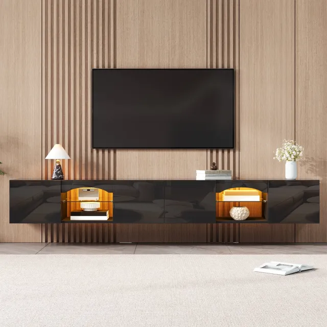VVBV TV-meubel met 4 deuren, 2 open vakken, LED-verlichting met app-bediening, glazen planken, modern tv-meubel van spaanplaat Zwart