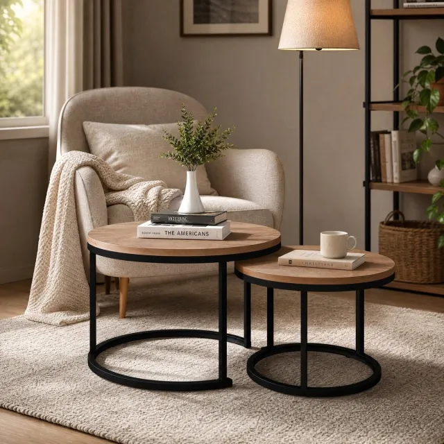 MEUNIQ Salontafelset 2-delig rond, nestbare salontafels met MDF-tafelblad en zwart metalen frame, walnootkleurig, voor woonkamer Walnootbruin