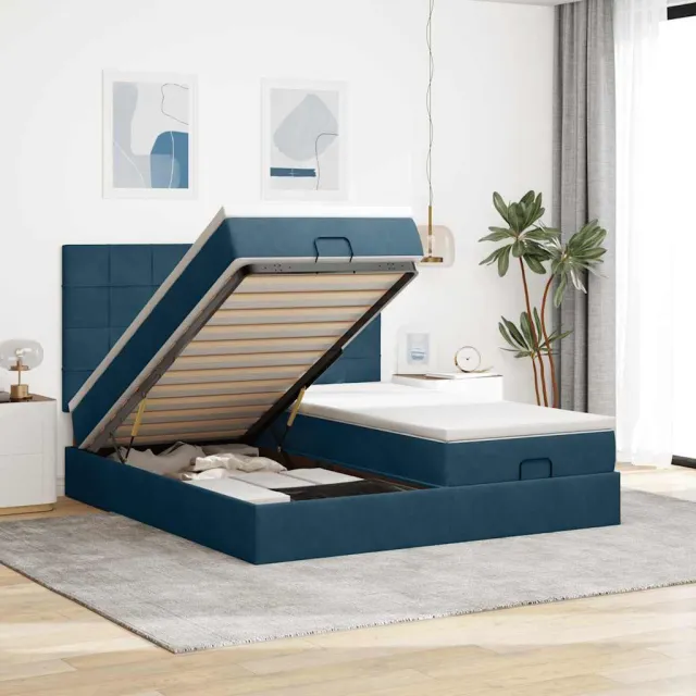 vidaXL Bed poef met matrassen en leds 200x200 cm fluweel donkerblauw blauw