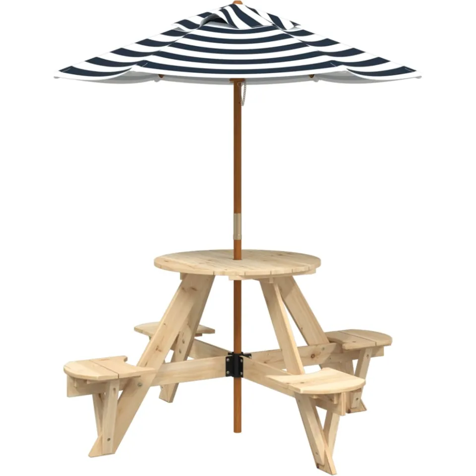 vidaXL Picknicktafel voor 4 kinderen met parasol rond vurenhout bruin, foto 3