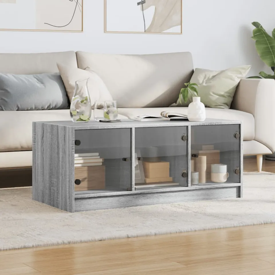vidaXL Salontafel met glazen deuren 102x50x42 cm grijs sonoma eiken, foto 3