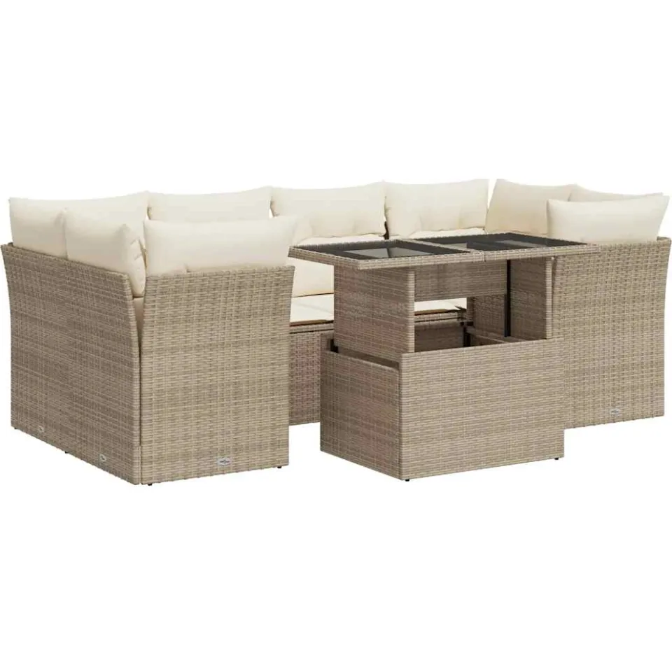 vidaXL 7-delige Loungeset met kussens poly rattan beige, foto 3