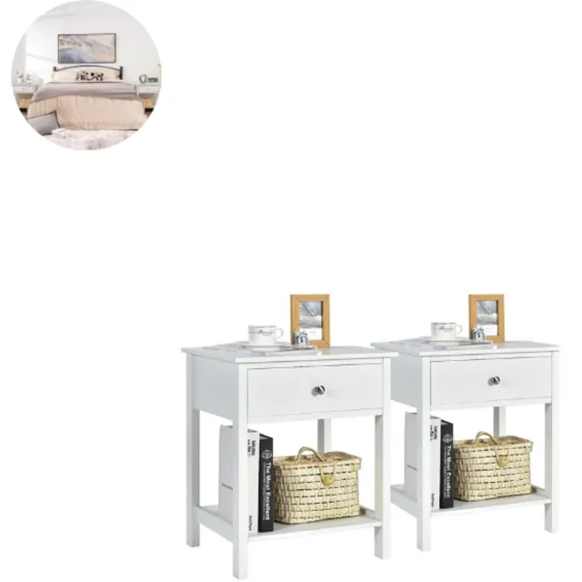 GranMaison Nachtkastjes - Set van 2 - Wit - Hout - Met Lade - 48 cm × 40 cm × 58 cm (l x b x h)