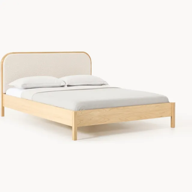 Westwing Collection Houten bed Jones met bouclé hoofdeinde Wit