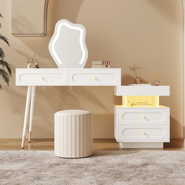 Pugsdrly Kaptafel - Met led-spiegel en verlichting - Witte kaptafelset voor slaapkamer - 4 ruime lades - 1 open opbergvak - Kleur: wit - (zonder kruk)