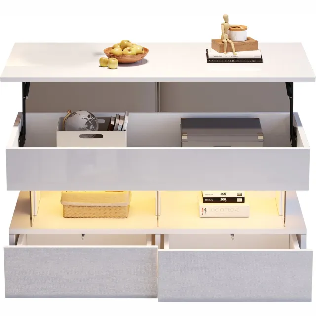 MODFU Verstelbare hoogglans salontafel 120x50x46 cm — LED, 2 lades, verborgen opbergruimte, MDF/gehard glas, wit