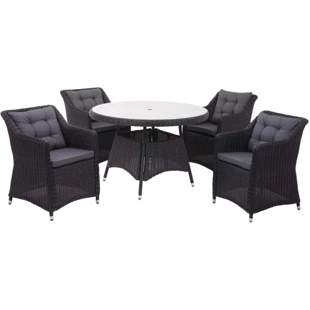 MCW Poly-rattan set MCW-F51, tuin/lounge set zitgroep tafel+4xstoelen, rond rotan antraciet kussens donkergrijs Zwart