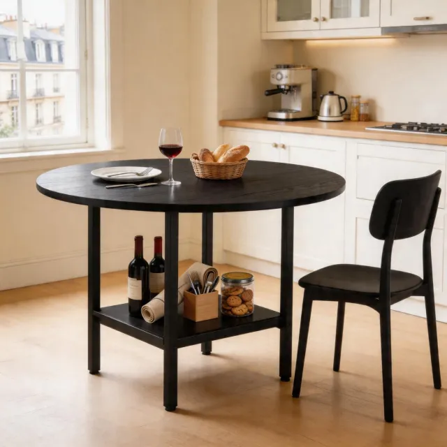 COVREO Ronde eettafel 100 cm zwart, MDF en metaal, met opbergvak