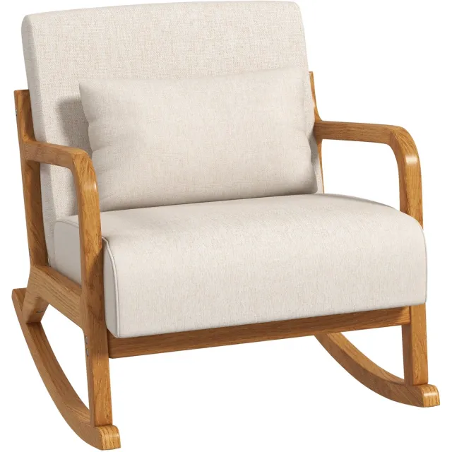 Homcom Schommelstoel met Houten Frame en Armleuningen - Relaxstoel - Fauteuil - Lendenkussen - Crèmewit Crème wit