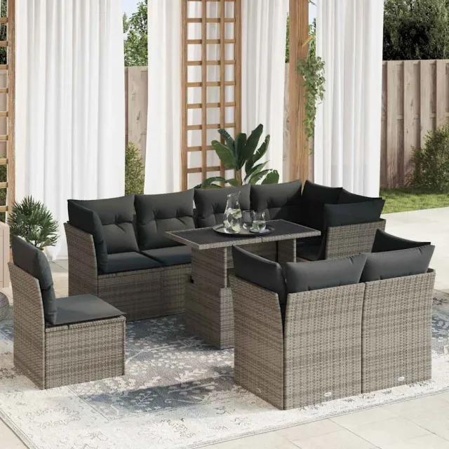 vidaXL 9-delige Loungeset met kussens poly rattan grijs, foto 2