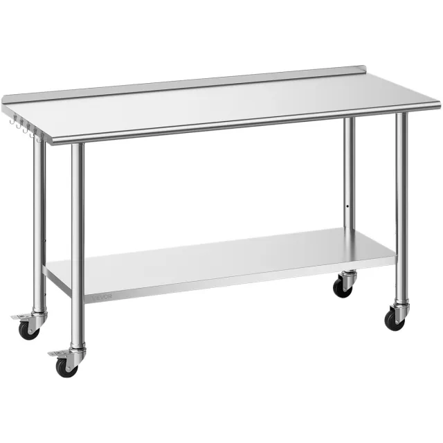 Vevor Roestvrijstalen Tafel voor Restaurants, 1524 X 610 X 894 mm, Verstelbare Roestvrijstalen Tafel met Wielen, Opstaande Rand (30 mm), Werktafel met Onderblad voor Restaurants, Bovenste Blad (254 kg), Onderste Blad (209 kg) Zilver