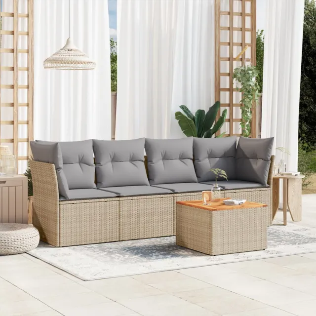 vidaXL 5-delige Loungeset met kussens poly rattan gemengd beige, foto 2