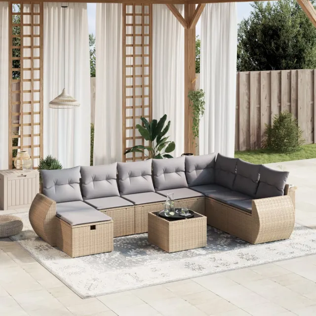 vidaXL 9-delige Loungeset met kussens poly rattan gemengd beige, foto 2