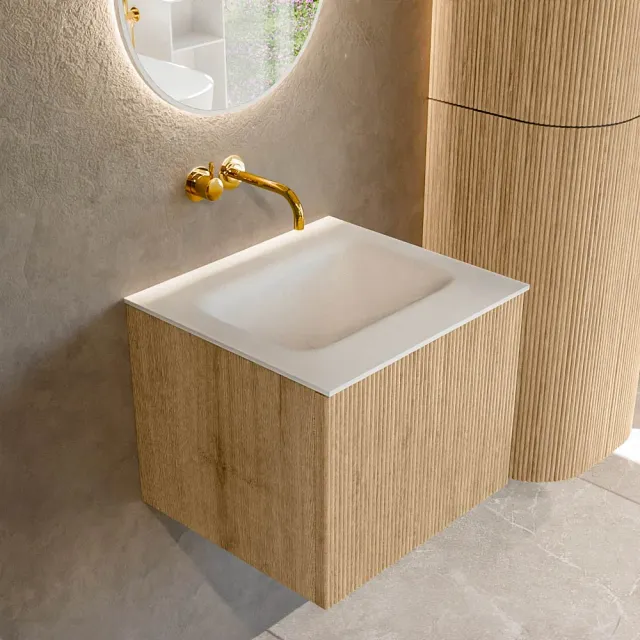 Mondiaz KURVE 50 cm Onderkast Greeploos 1 Lade Zonder Deuren Oak, Wastafel Solid Surface Midden Talc 0 Kraangaten Zonder Spiegel (KRVGRU501L0D0KM-Oak/Tal)
