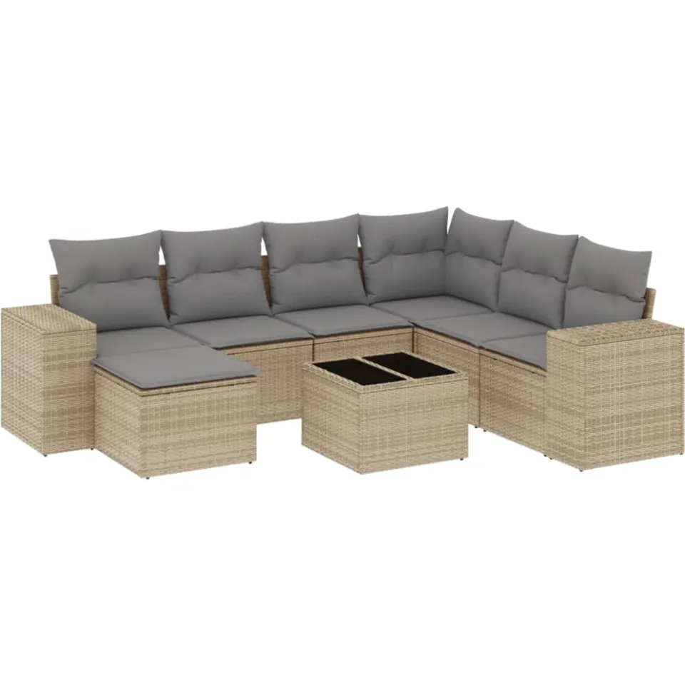 vidaXL 8-delige Loungeset met kussens poly rattan beige, foto 3