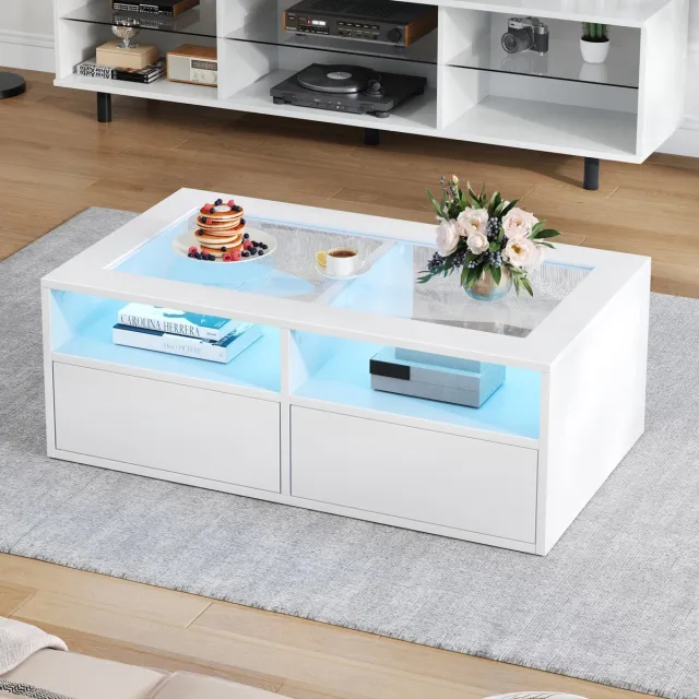 STILVORA Salontafel - Glazen Salontafel Met LED En 2 Lades - Open Opbergruimte Met App-Bediening Voor Woonkamer - Geharde Glas/Spaanplaat - 100x50x35 cm - Wit