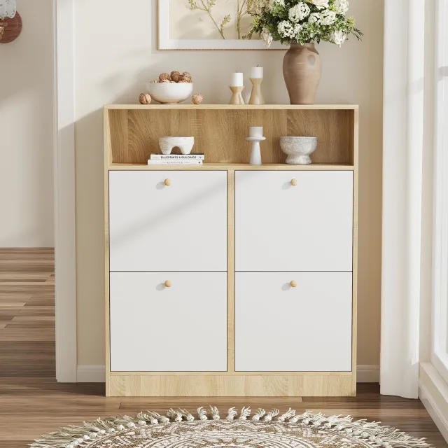 CHICFURN Schoenenkast - 4 klappen - Verstelbare vakken - Staand - Wit naturel Natuurlijk en wit