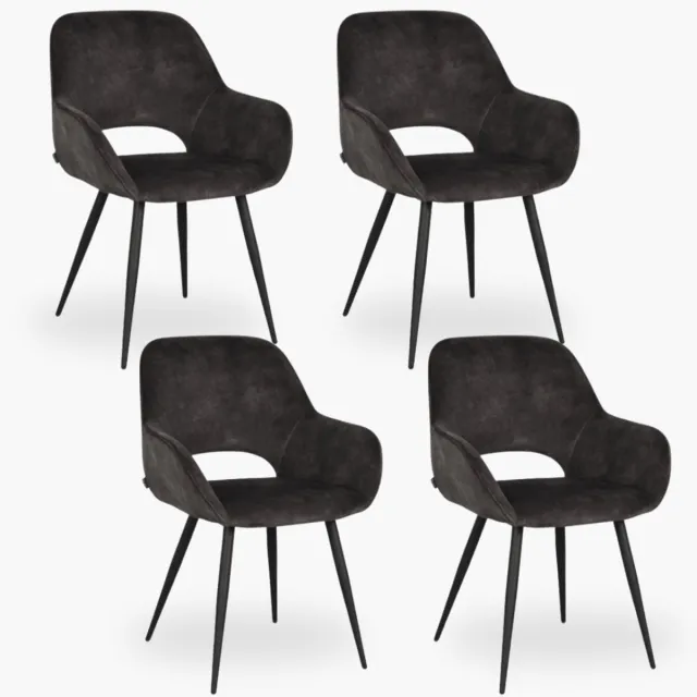DOK 2 4x Eetkamerstoel Jenna - Graphite Velours - Set van 4 - Grijs - Met Armleuning