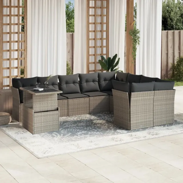 vidaXL 10-delige Loungeset met kussens poly rattan lichtgrijs grijs, foto 2