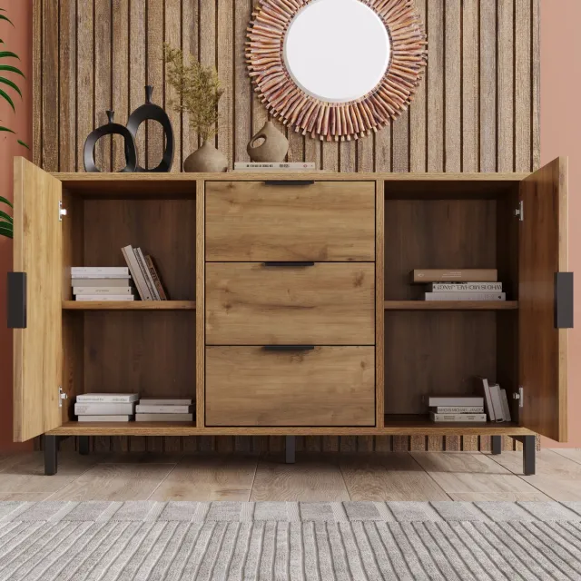 HAUSS SPOLE Dressoirs - Dressoir Met 2 Deuren En 3 Lades - Praktische Opbergkast - Voor Woonkamer En Slaapkamer - Spaanplaat - 120x40x76 cm Bruin
