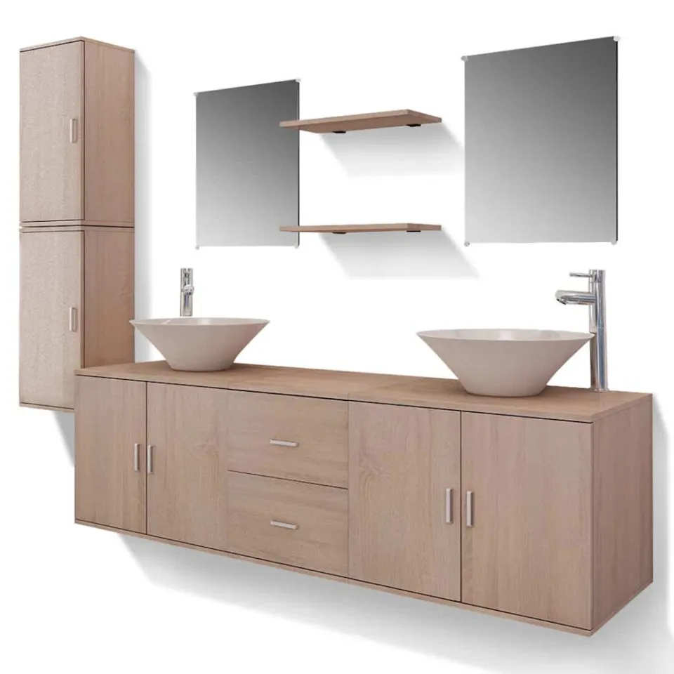 vidaXL 11-delige Badkamermeubelset met wastafel en kraan beige, foto 3