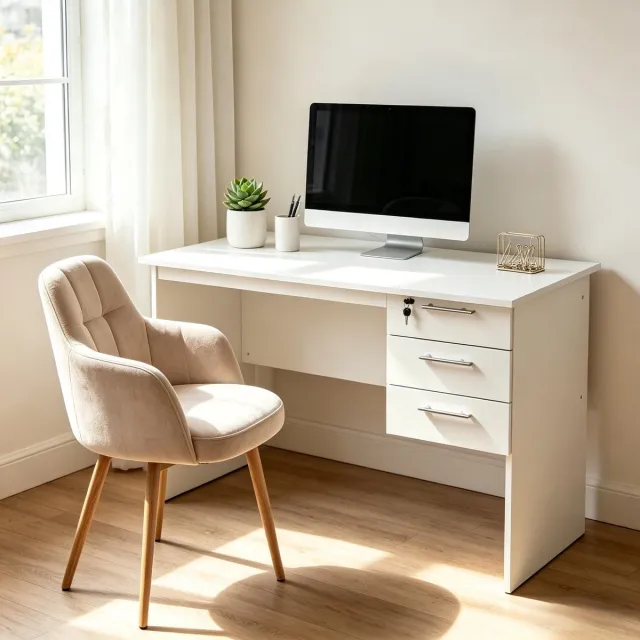 DESMIU Bureau - Wit Houten Computer Bureau Met 3 Lades En Slot - Modern Voor Kantoor, Slaapkamer En Studeerkamer - 120x60x75 Cm