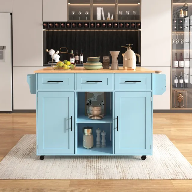 REDOM Keukenwagen - Klapbaar Werkblad En Opbergruimte - Modern - Voor Keuken Of Eetkamer - MDF - Blauw - 139 X 46(71) X 91,5 Cm
